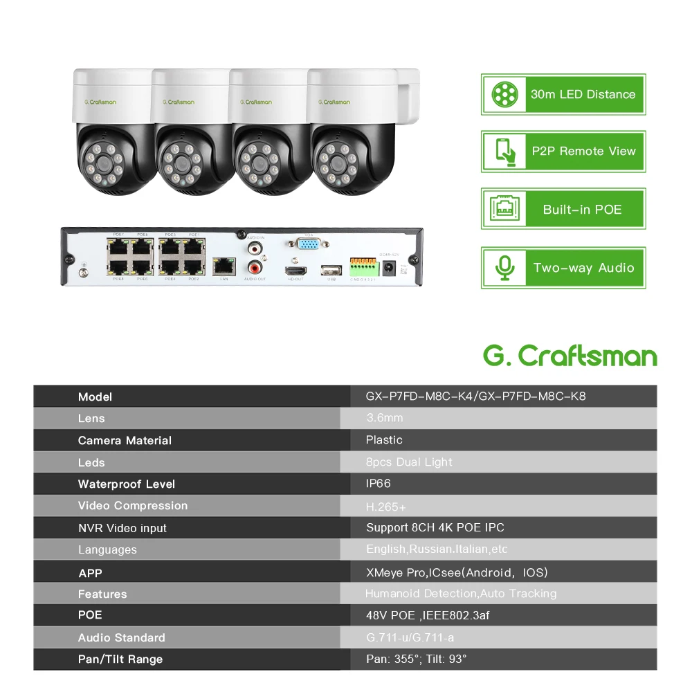 XMeye 8MP POE KIT PT Humanoid Tracking Onvif CCTV Video Surveillance Intelligent Alarm G.Craftsman