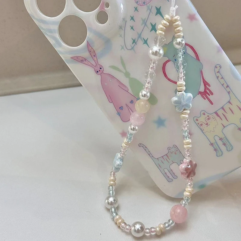 Spring Sweet Ceramics Flower Beaded Phone Strap Charm Chain For Phone Lanyard Keychain Woman Girl Bag Camera Pendant Hanging