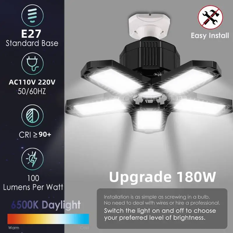 

180W Led Garage Light E27/E26 16000LM Lamp Adjustable Deformable Bulb Ceiling Light for Shop/Storage/Warehouse Workshop Lighting