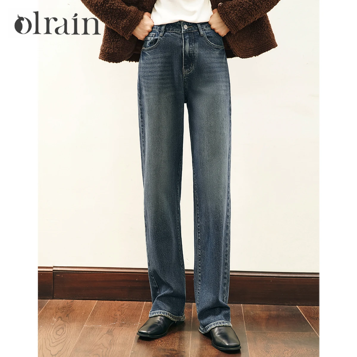 OLrain Fashion Straight Jeans Women 2026 Autumn New Cotton Vintage Wide Leg Pants Casual Simple Solid Ladies Trousers M57CA93882