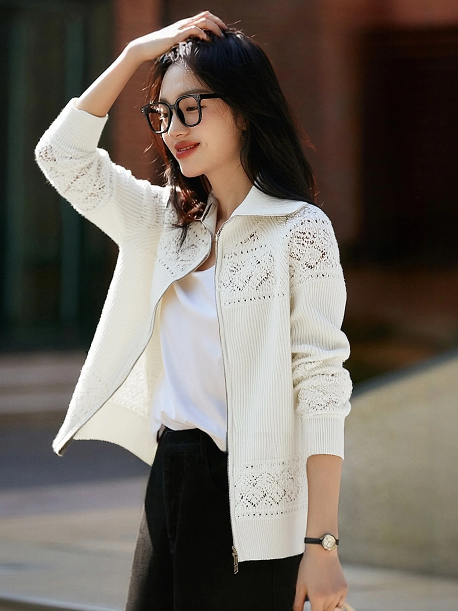 

Chivirin 2026 Spring Autumn Women's Knitted Woolen Open Cardigan with Zipper Hollow out Design Turn-down Collar Long Sve Top