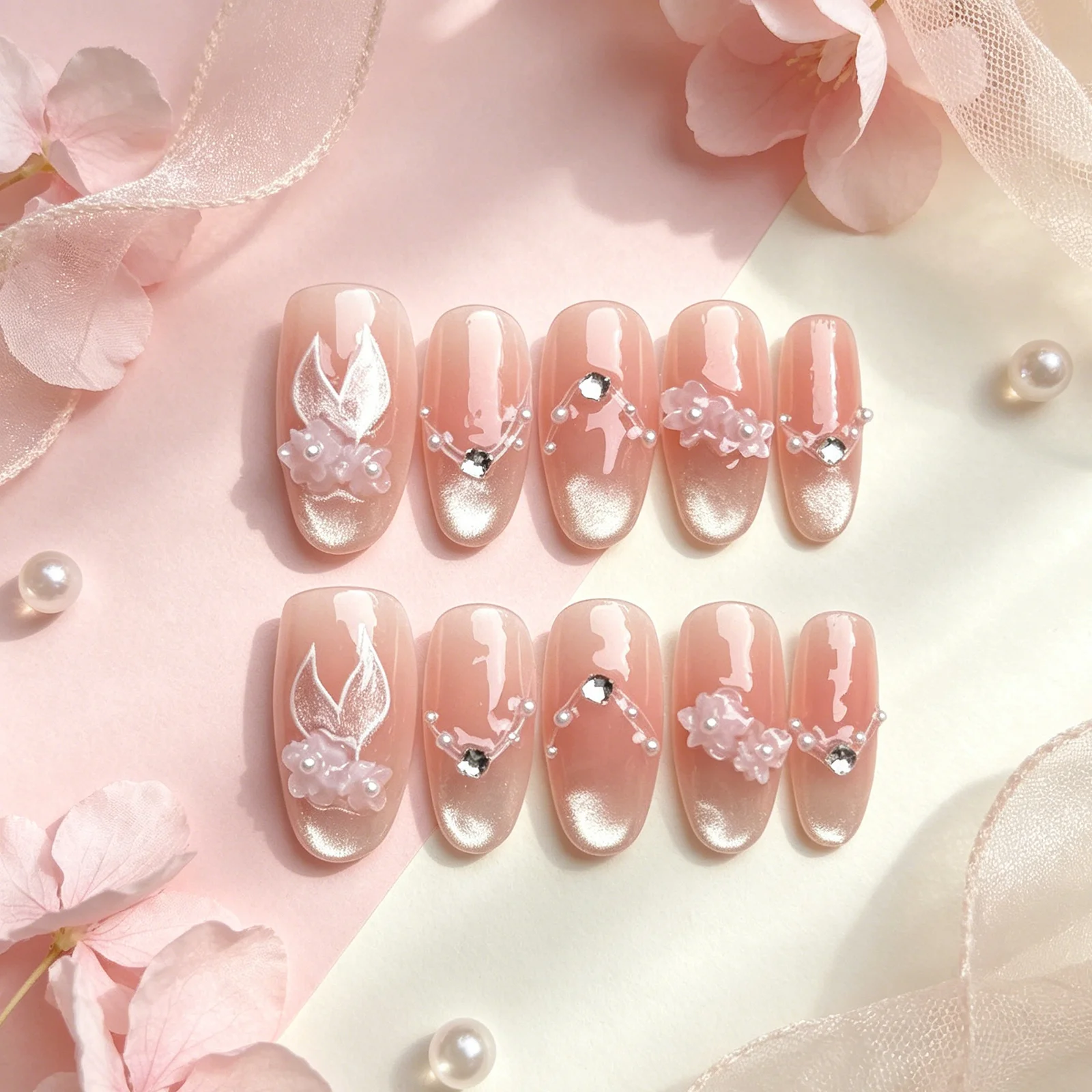 10pcs Pink Cat-Eyes Press on Nails Mermaid Art 3D Flowers Decor False Nails Shiny Rhinestones Design Handmade Fake Nail Tips