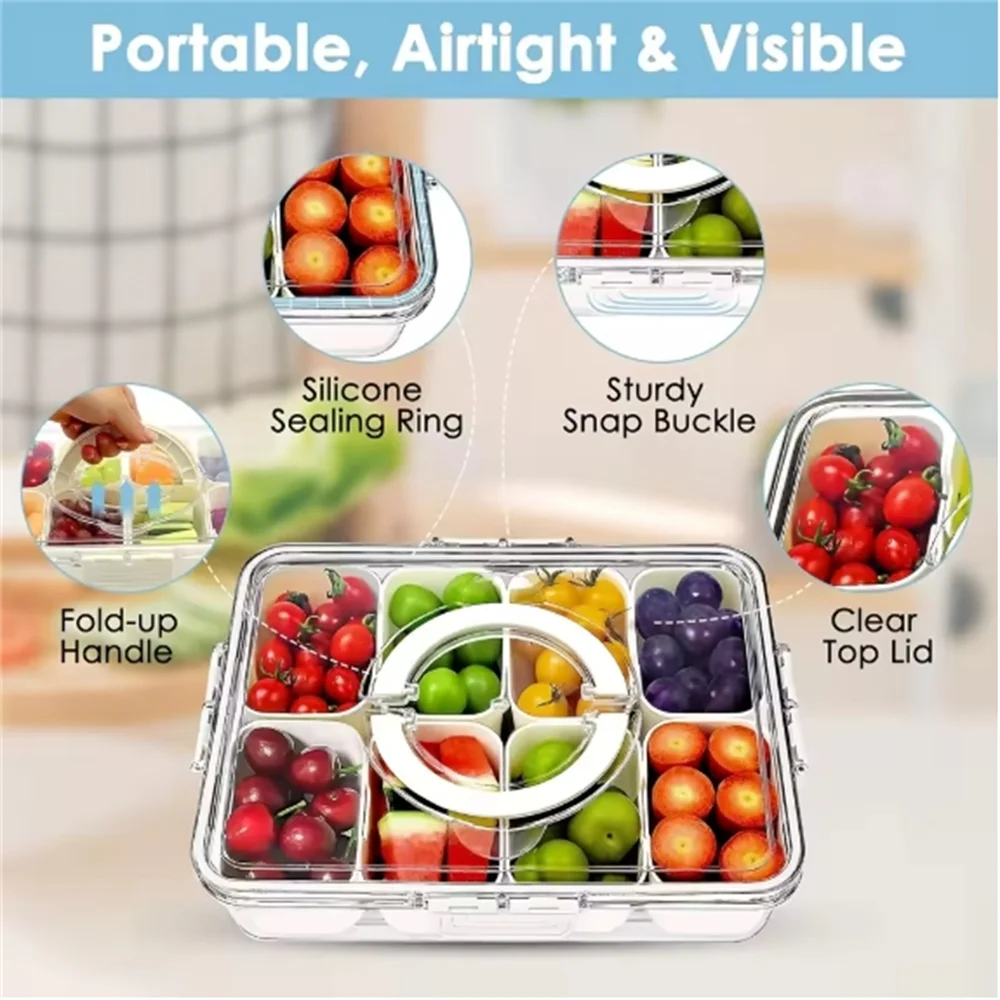 1 pack 4/8 Compartments Divided Serving Tray with Lid and HandleSnackle Box Charcuterie Container for Portable Snack Platters