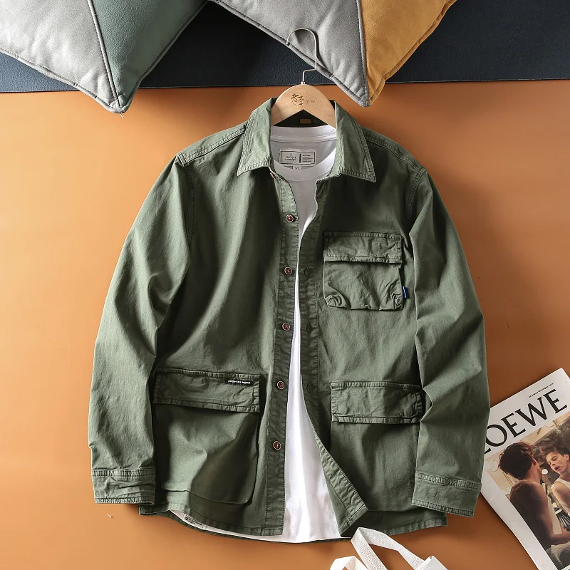 

Waed American Sle Men's Casual irt Jaet Multi-ket Workwear Autumn New Arrival Stand Fit Long Sve Warmth