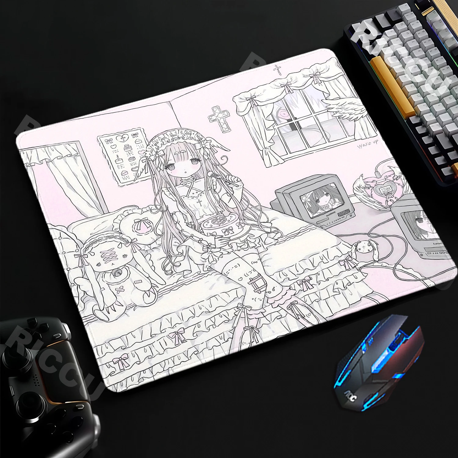 Sleepy Angel Pink Mouse Pad Kawaii Anime Girl Desk Mat Gaming Keyboard E-Sports Pads Desk Accessories PC Cabinet Rubber Mousepad