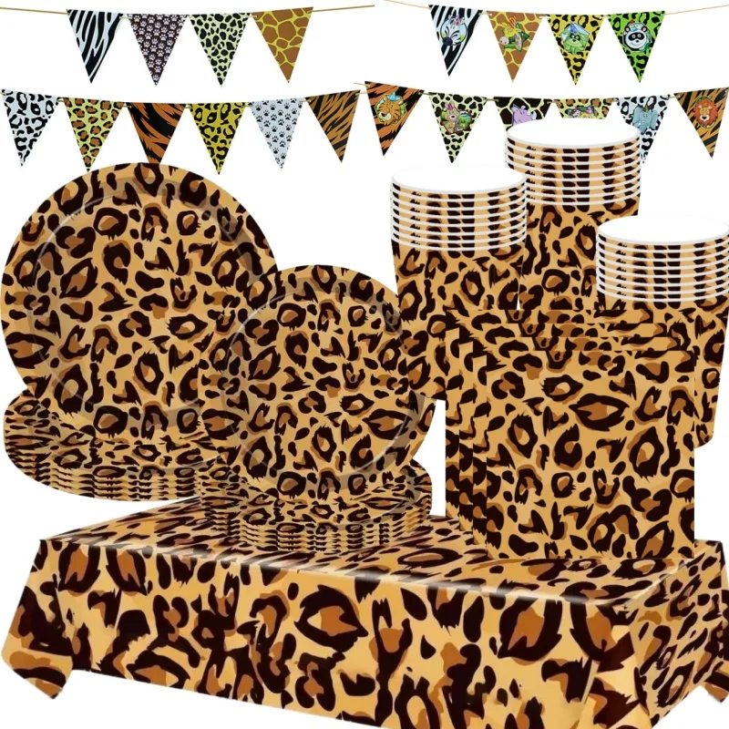Leoparden-Geburtstags-Pappteller Becher Dekoration Leopardenmuster Banner Geschenktüte Tischgeschirr Bedruckte Plastik-Tischdecke Kinder-Geburtstags-Zubehör