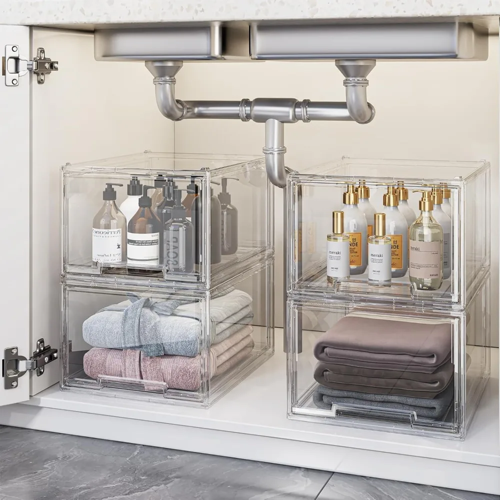 2 Packs Plastic Stackable Storage Drawers, Clear Desktop Drawer Organizers, 2 Drawer Storage Organizer, Make up Organizer with D