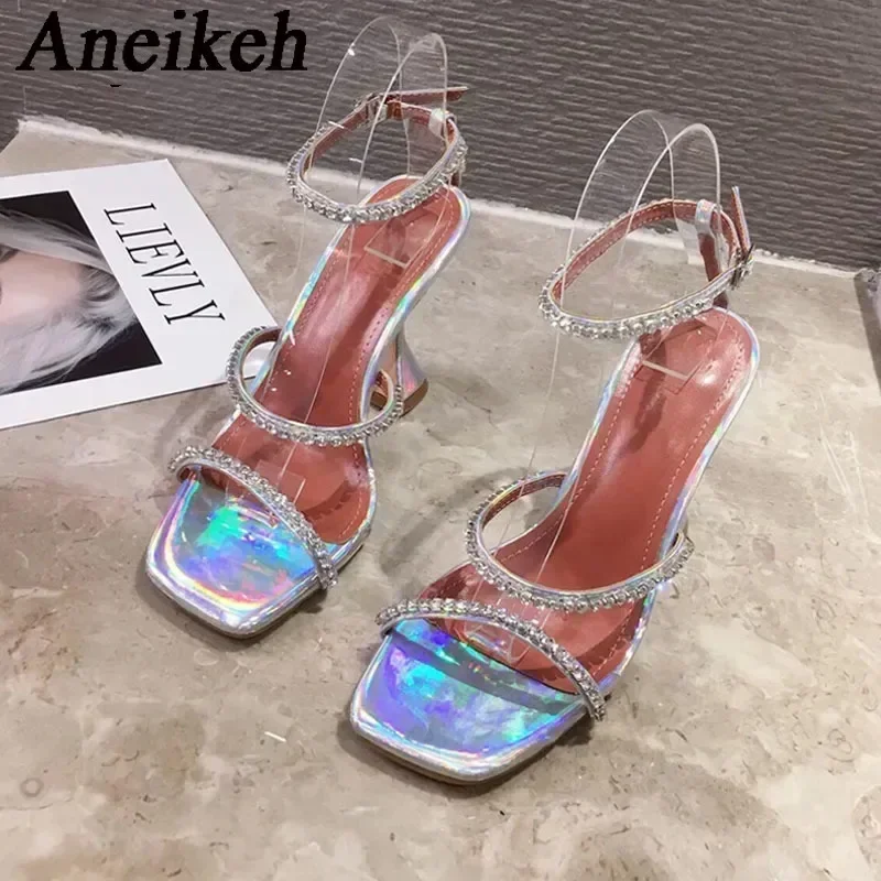 Aneikeh sandalo con tacco alto con strass lucido da donna 2024 Summer Fashion Sexy PU Square Head Kitten Heel Party Dress Shoes 35-41