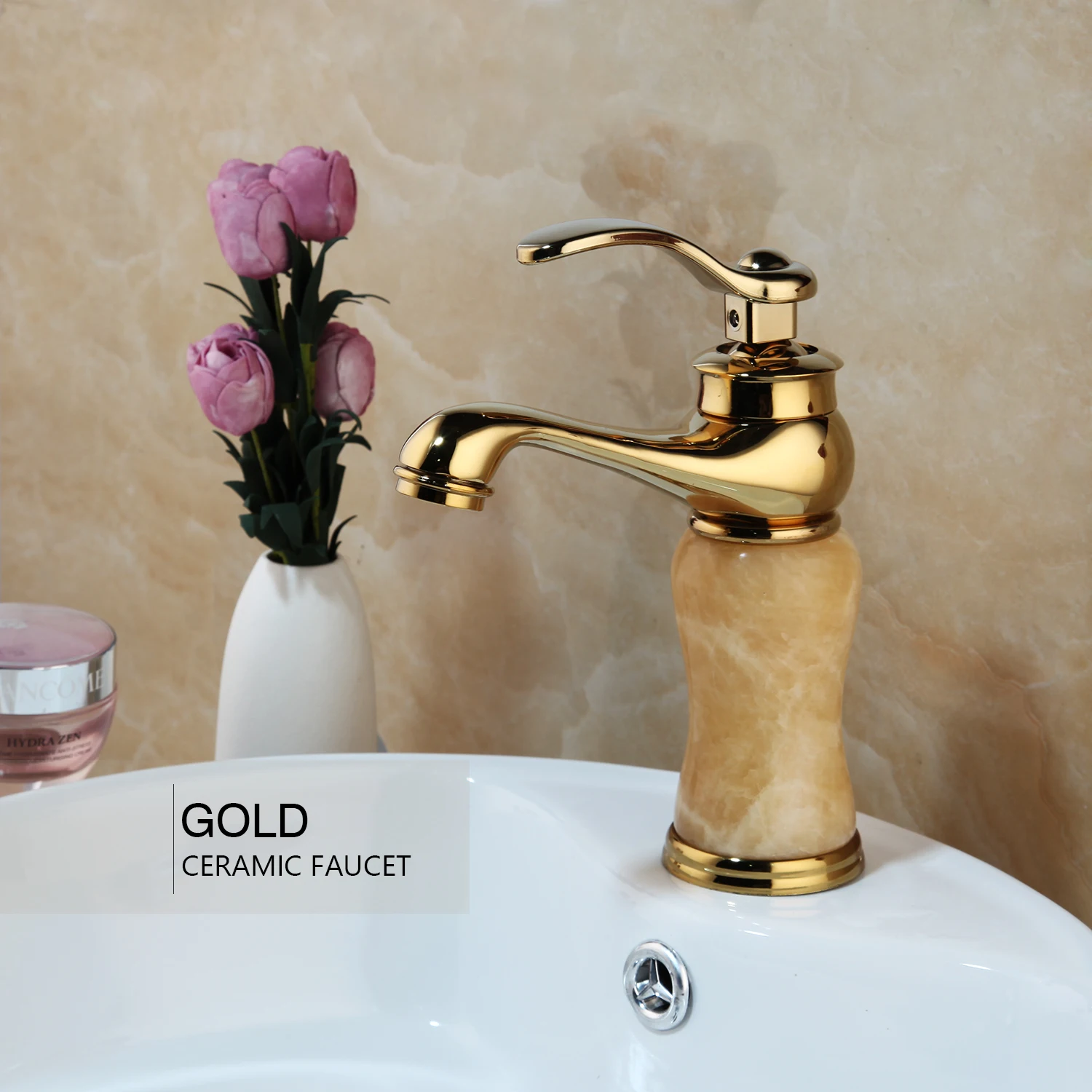 KEMAIDI Gold Polished Counter Top Bathroom Faucet Wash Basin Tap Swivel Single Handle Hot and Cold Water Mixer Tap