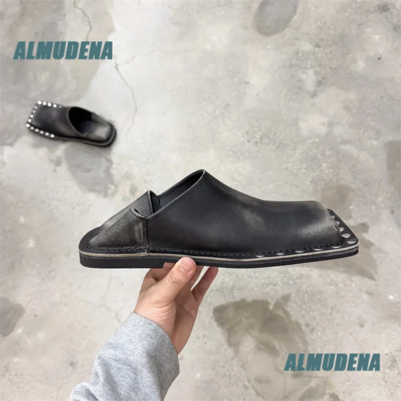 Men's Square Toe Studded Loafers Black Leather Slip On Flat Slide Fashion Shoes Luxury Designer New In Autumn Men's Shoes