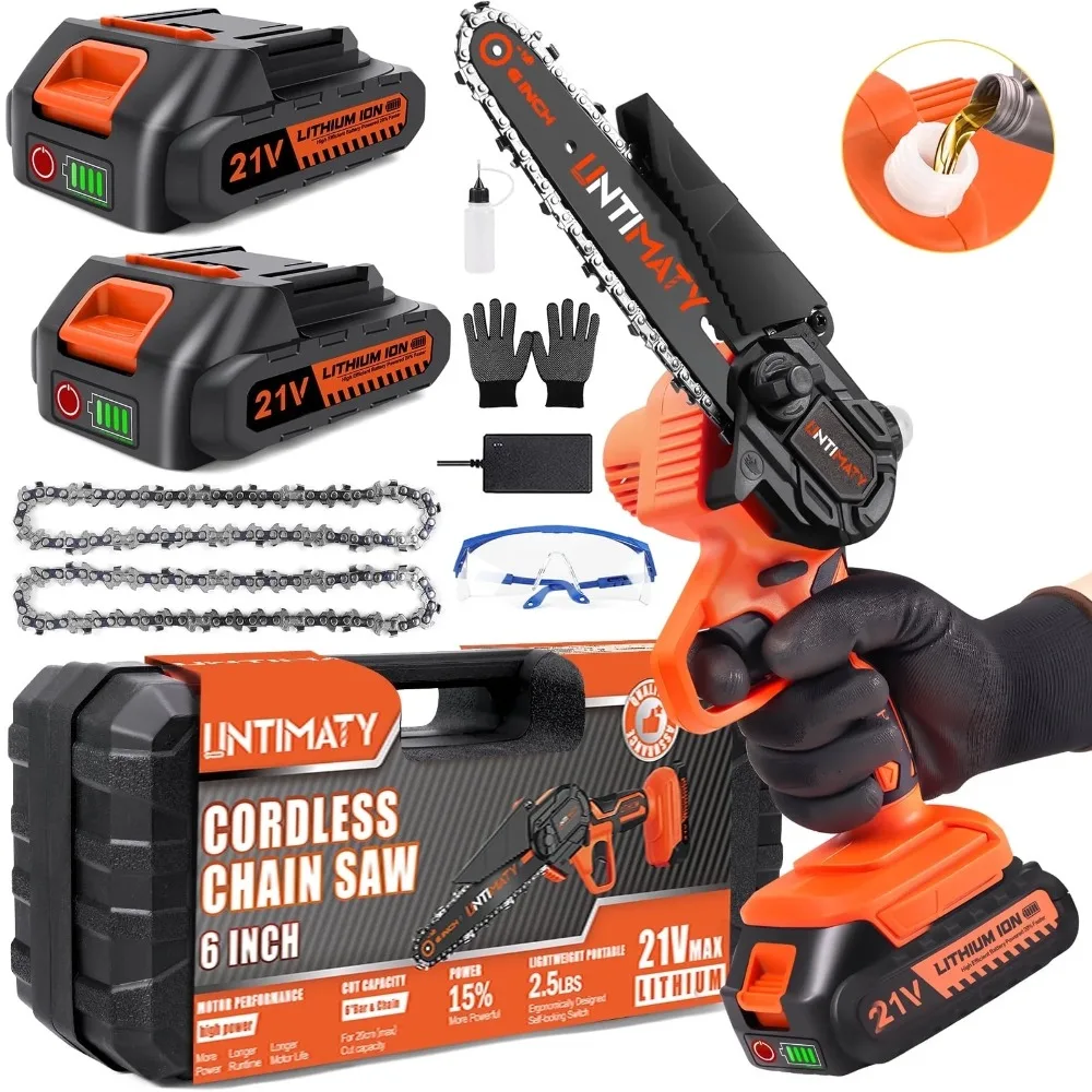 

2025 UNTIMATY 6" Mini Chainsaw with 2 Batteries 2 Chains, 6-Inch Cordless Handheld Chain Saw for Wood Cutting Tree Trimming