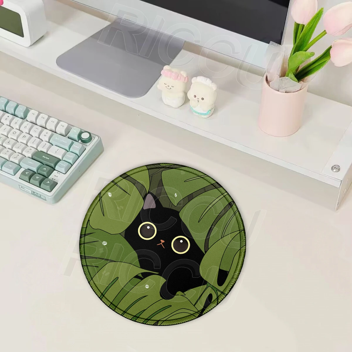 Cute Cat Green Plants Design Round Mouse Pad Creative Small Mouse Pad Non-Slip Stitched Edge Office PC Mousepad Rubber Playpad