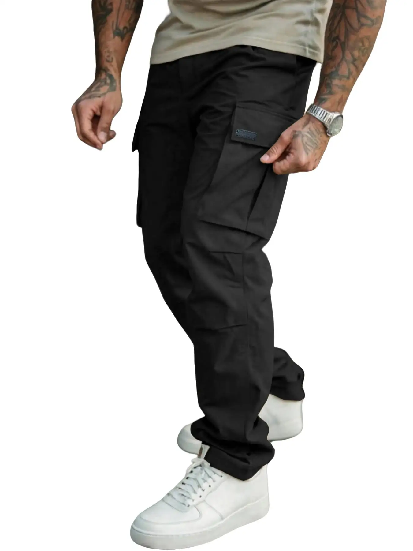 Men's Solid Color Cargo Pants Regular Fit Casual Straight Leg Trousers with Flap Pocket Drawstring Waist for Daily Wear