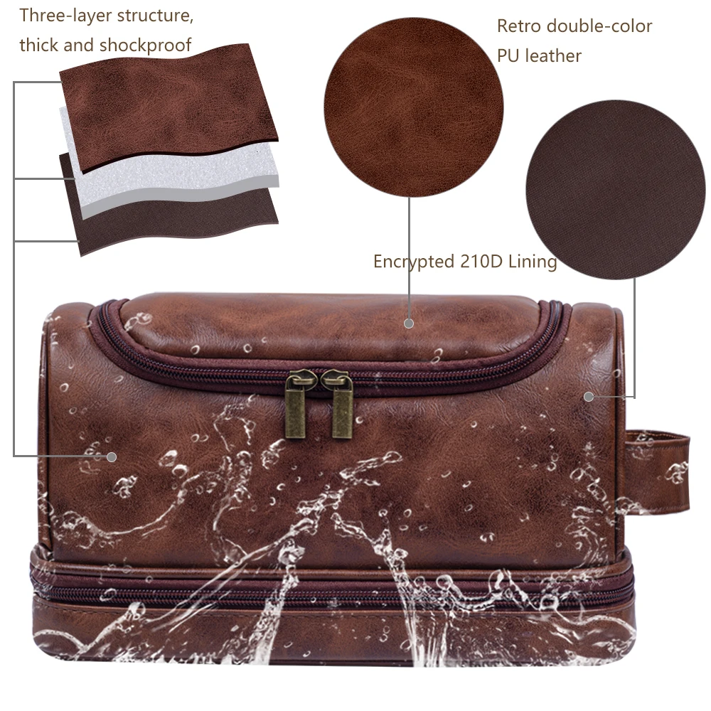 Large Hanging Toiletry Cosmetic Travel Bags for Men Women Leather Travel Bags with Hanging Hook Toiletries Bathroom Shaving Bags