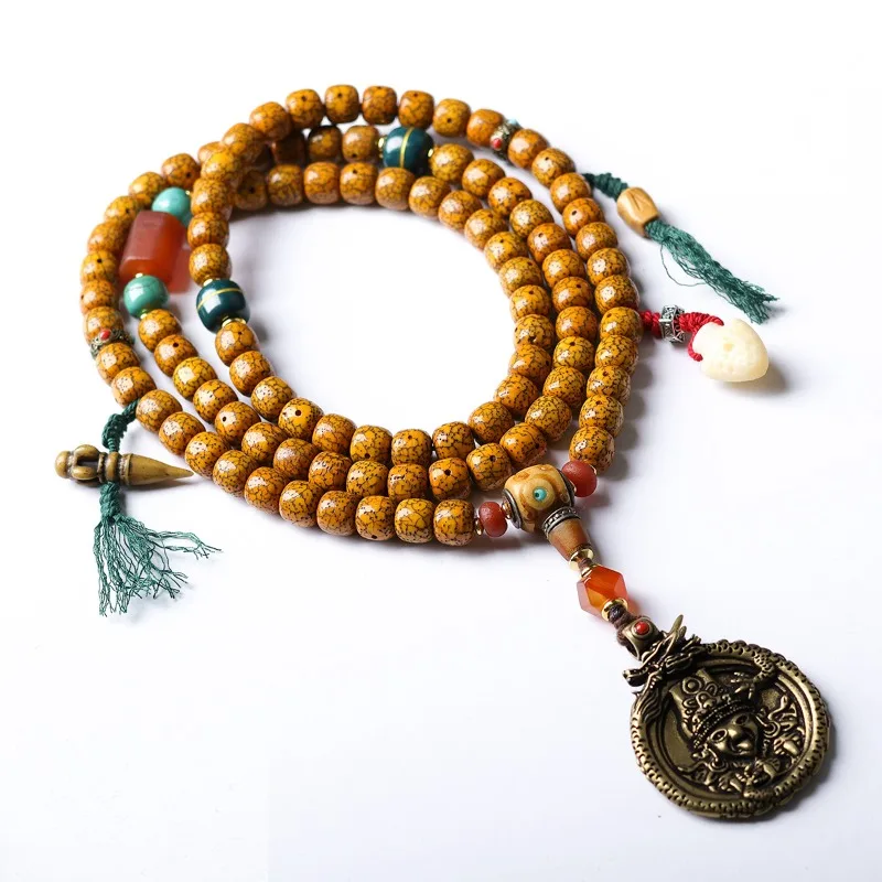 Tibetan Style Cracked Old Xingyue Bodhi Seed Necklace Ethnic Style Prayer Beads with Copper Accessories Gifts