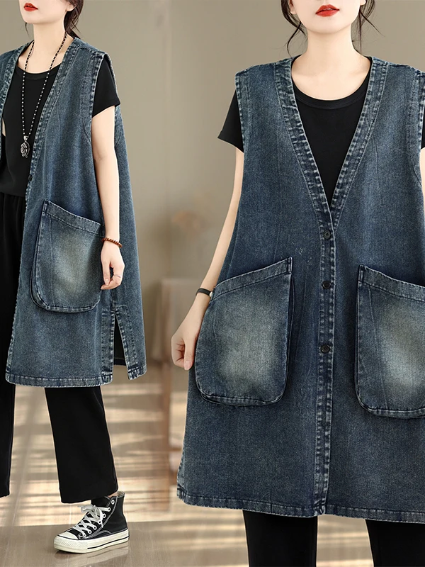 Loose Casual Denim Vest Large Size Simple Personality Medium Length Sleeveless Women's Fashion Outerwear with Big Pockets