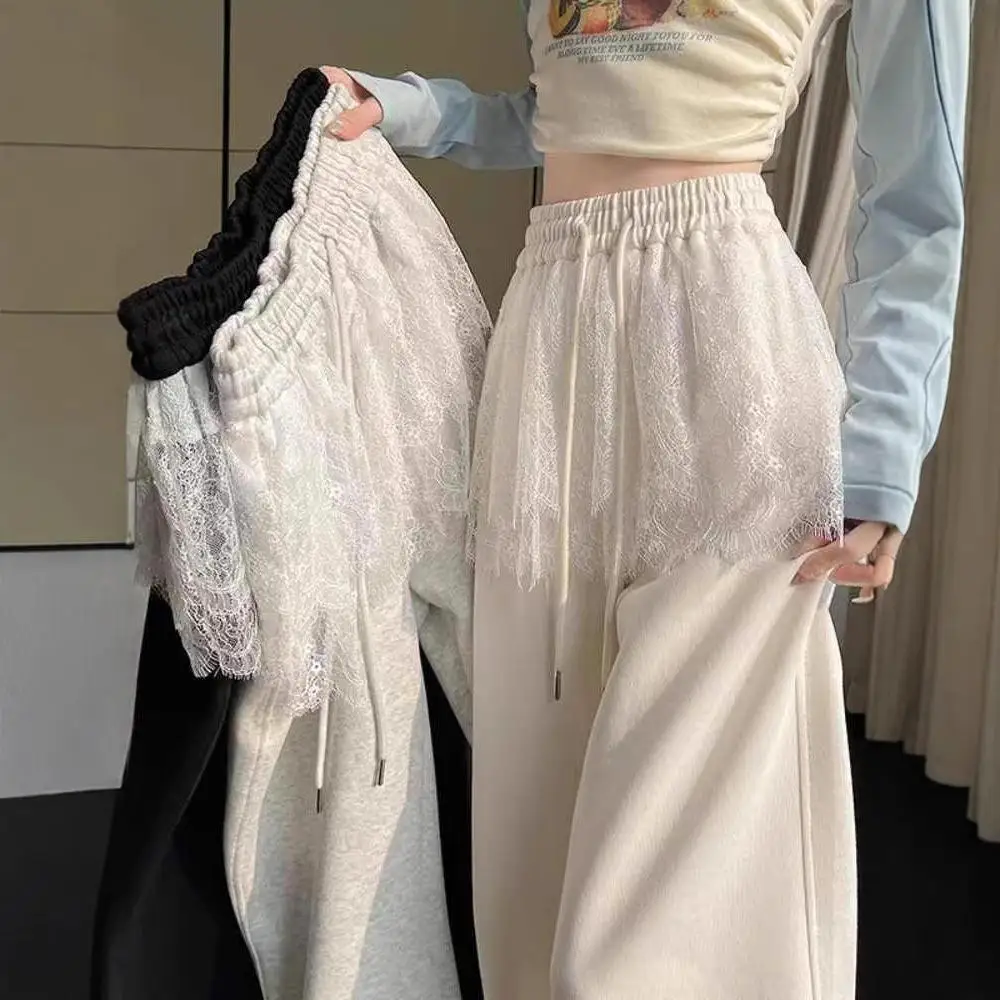 

High Waist Lace Patchwork Wide Leg Pants Women's Spring Summer New Style Casual Sports Sweatpants Long Trousers