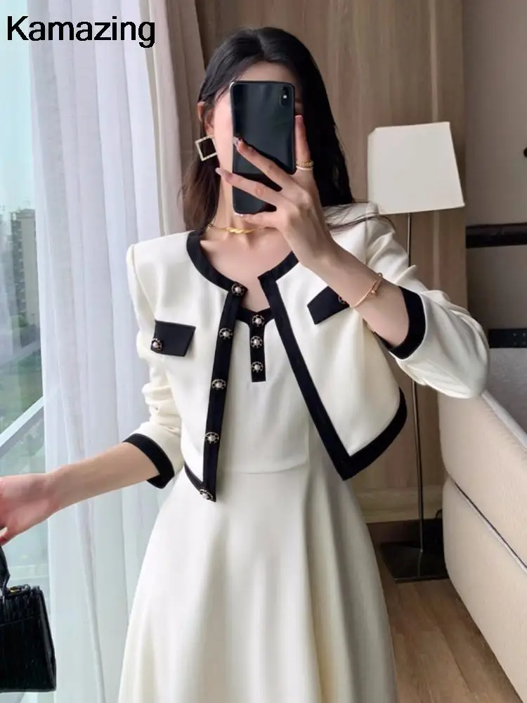 Elegant Solid Midi Dress 2 Piece Set Office Lady Chic Suit Spring Short Jacket Sleveless A-line Dresses Outfits Korean Clothes