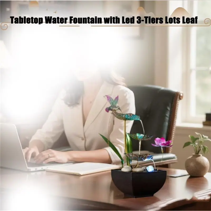 J1UL1N Tabletop 3-Tiered Leaf Water Fountain:Small Indoor Waterfall Fountains Featuring Embedded Rocks-Lotus Style Design