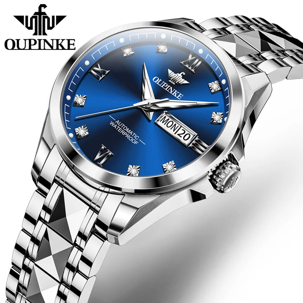 OUPINKE Women Automatic Mechanical Watch Blue Diamond Dial Week Date Waterproof Elegant Luxury Ladies Wrist Watch