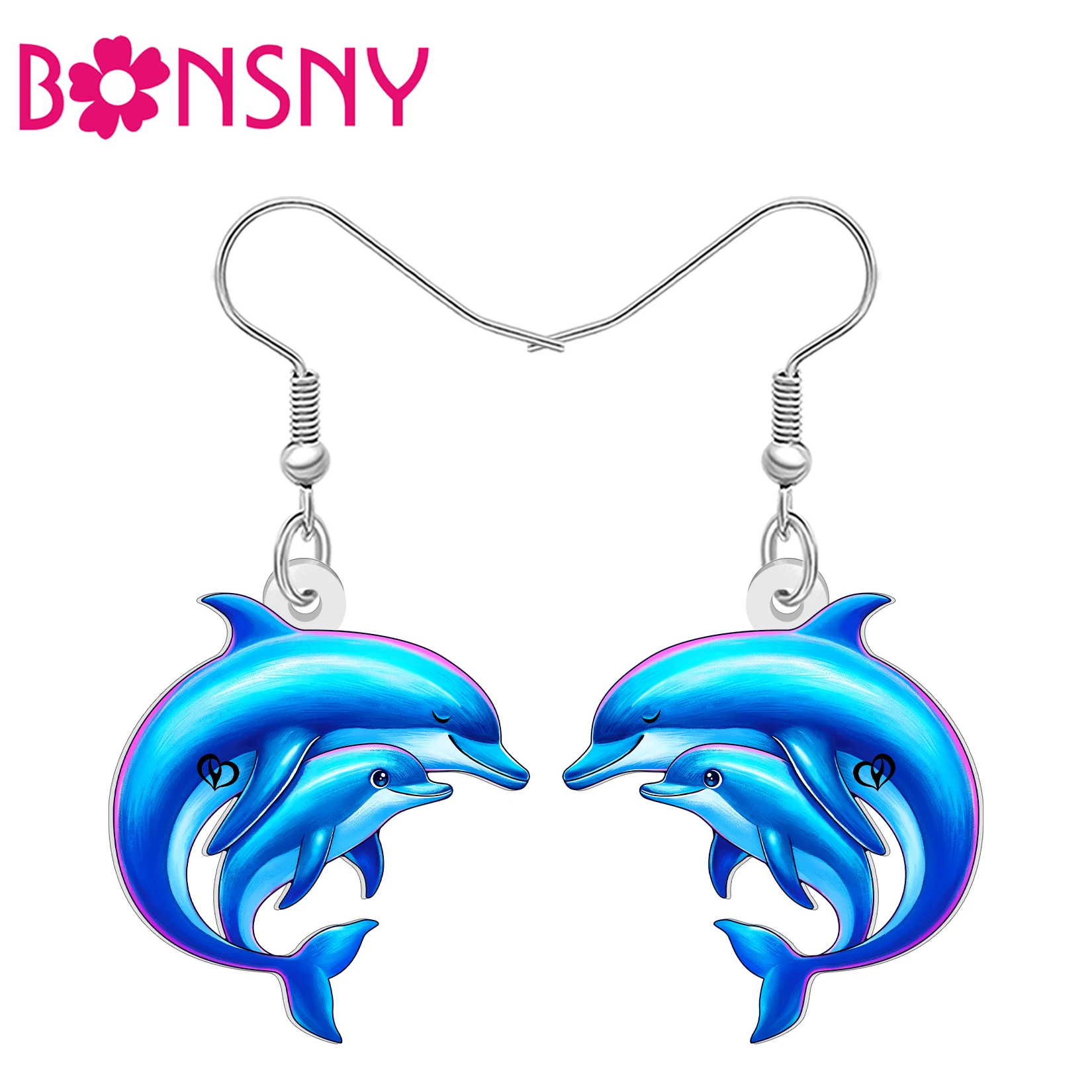 BONSNY Acrylic Mothers Day Blue Dolphin Earrings Cute Sea Animal Dangle Ocean Jewelry Summer Beach Gifts For Women Teens Mom