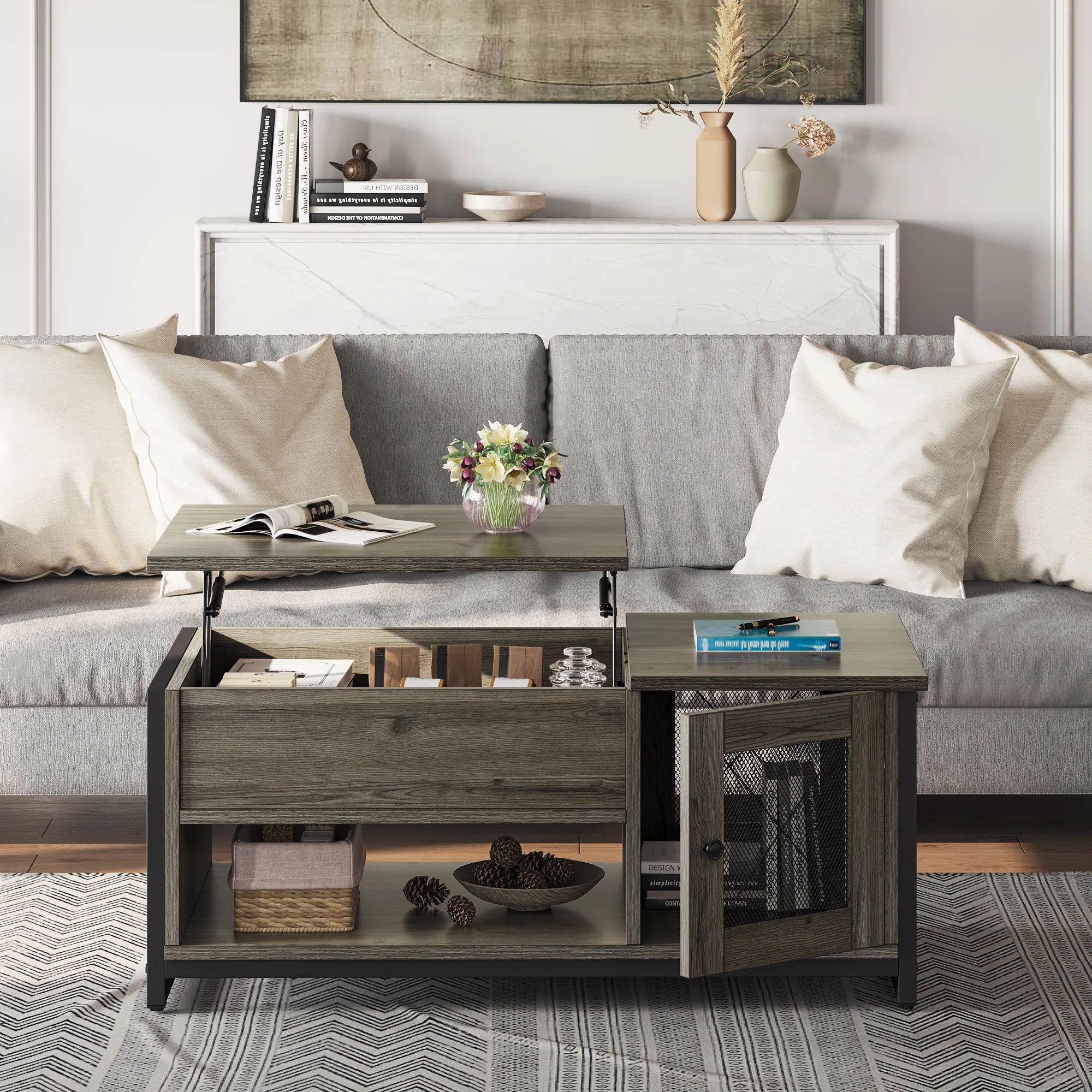 Lift Top Coffee Table With Hidden Compartment Storage and Open Shelf Living Room