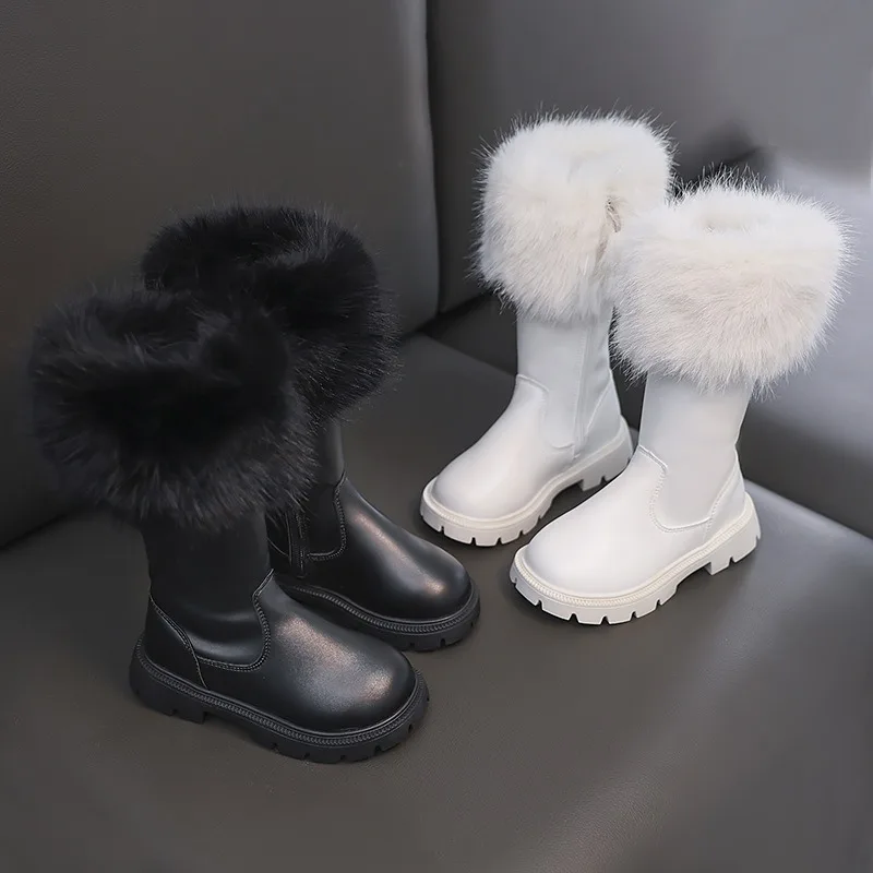 Girls Knee-Length Fashion Boots Children's Snow Boots Waterproof Plaid Fur Black And White Kids Booties 2025 girls winter shoes