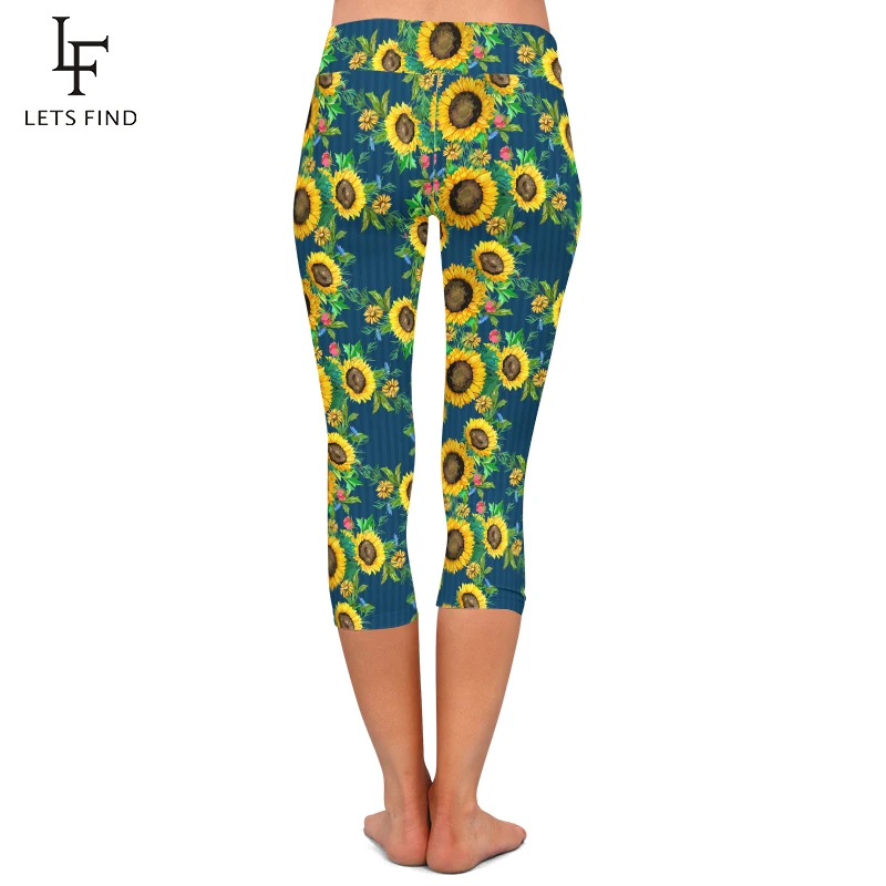 LETSFIND High Quaility 3D Sunflowers Printed Women Capri Leggings New Arrival High Waist Soft Fitness Pants