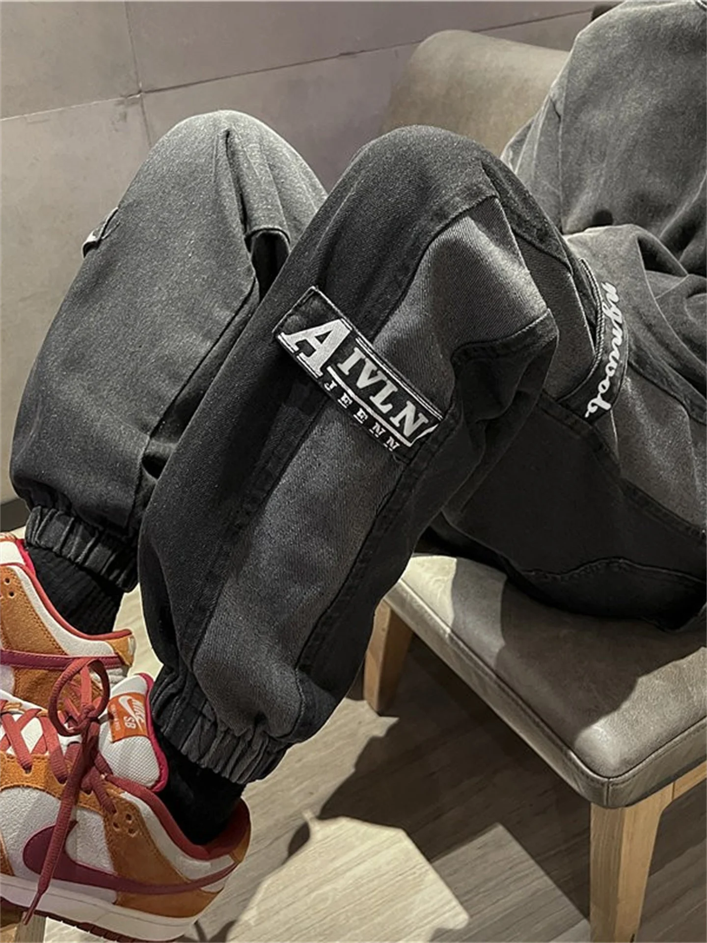 

American Sle Workwear Jeans Men's Casual Patchwork Color Blo Retro Trendy Large Size Cuffed Loose Fit Long Pants
