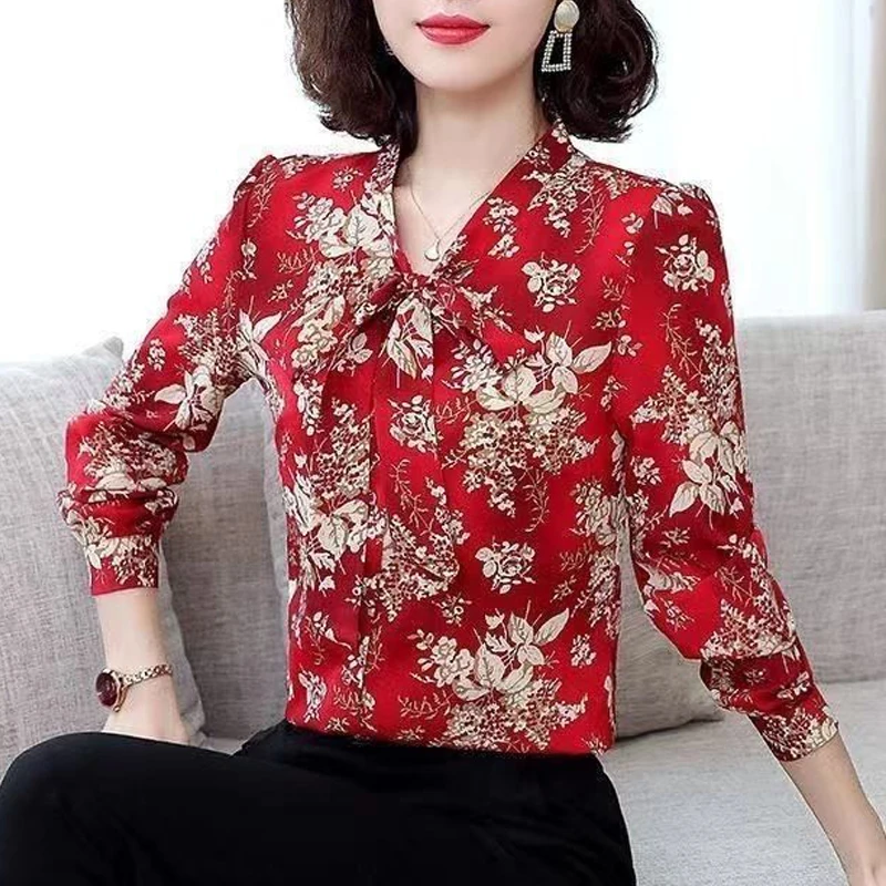 Women V Neck Bow Lace Up Elegant Button Shirts Spring Autumn Fashion Vintage Floral Print Blouses Office Lady Long Sleeve Blusa