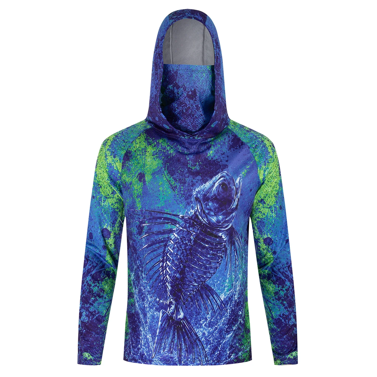 Men 3D Print Hooded Fishing Shirt Polyester Fiber Long Sleeve UV Protection Outdoor Face Cover Tops For Adult