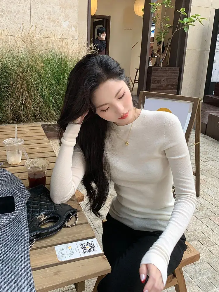 

Женская тонкая шерстяная трикотажная кофта Rucoo с круглым вырезом, осенне-зимняя, модная базовая модель для офиса, простой дизайн