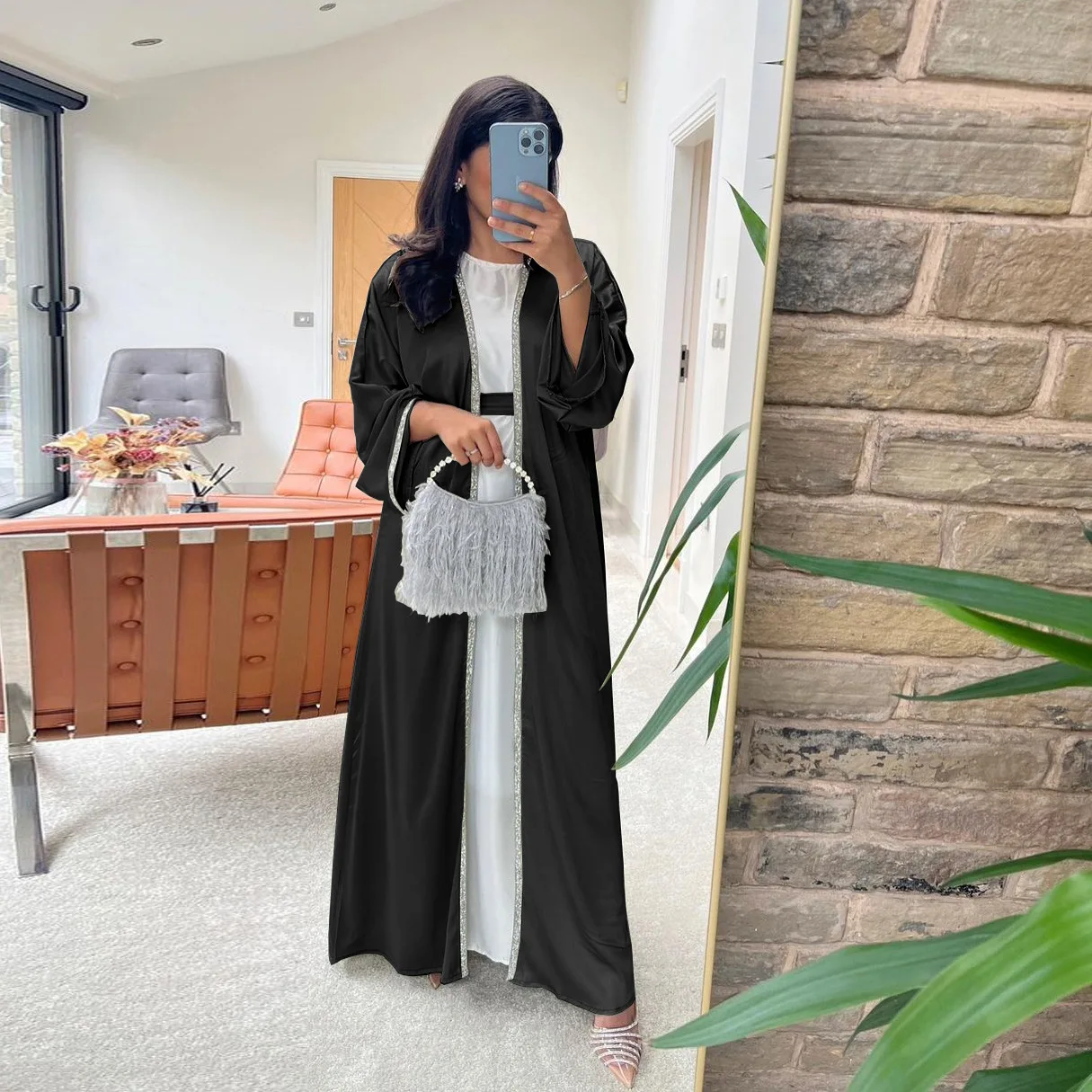 Vestido Abaya abierto de manga larga para mujer, traje largo de satén con cuentas islámicas, de Dubái, Turquía, Ramadán, conjunto de 2 piezas