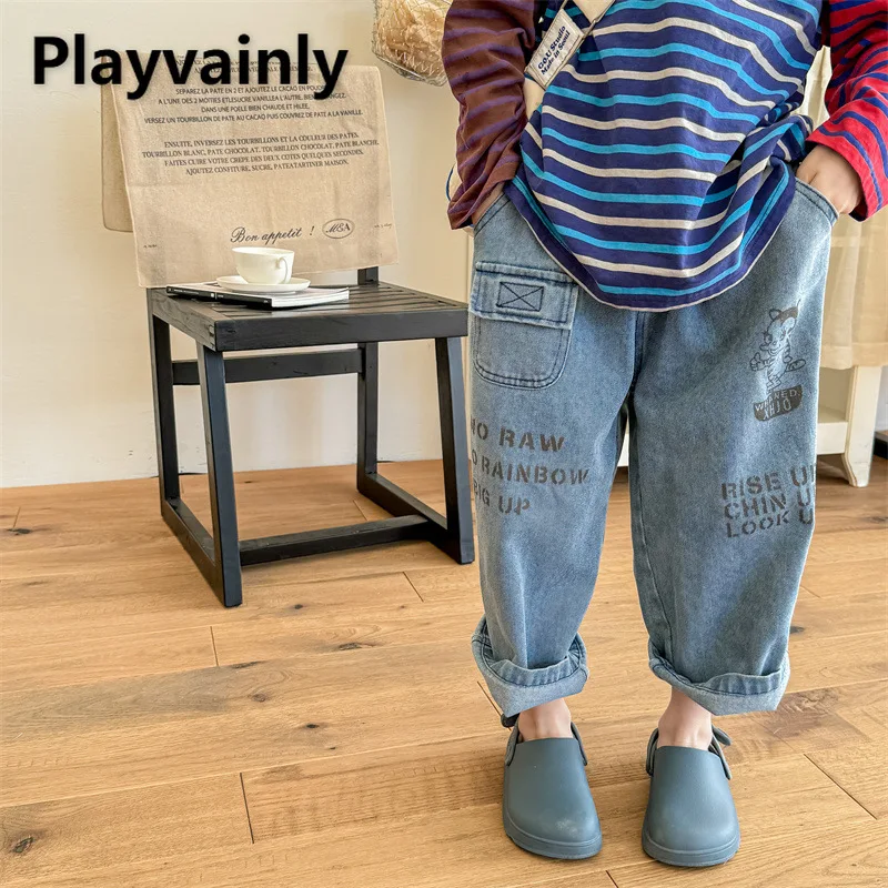 

Korean Style Spring Autumn Children Jeans with Cartoon Letter Print Blue Black Loose Wide Leg Pants Casual Kids Trousers A5071