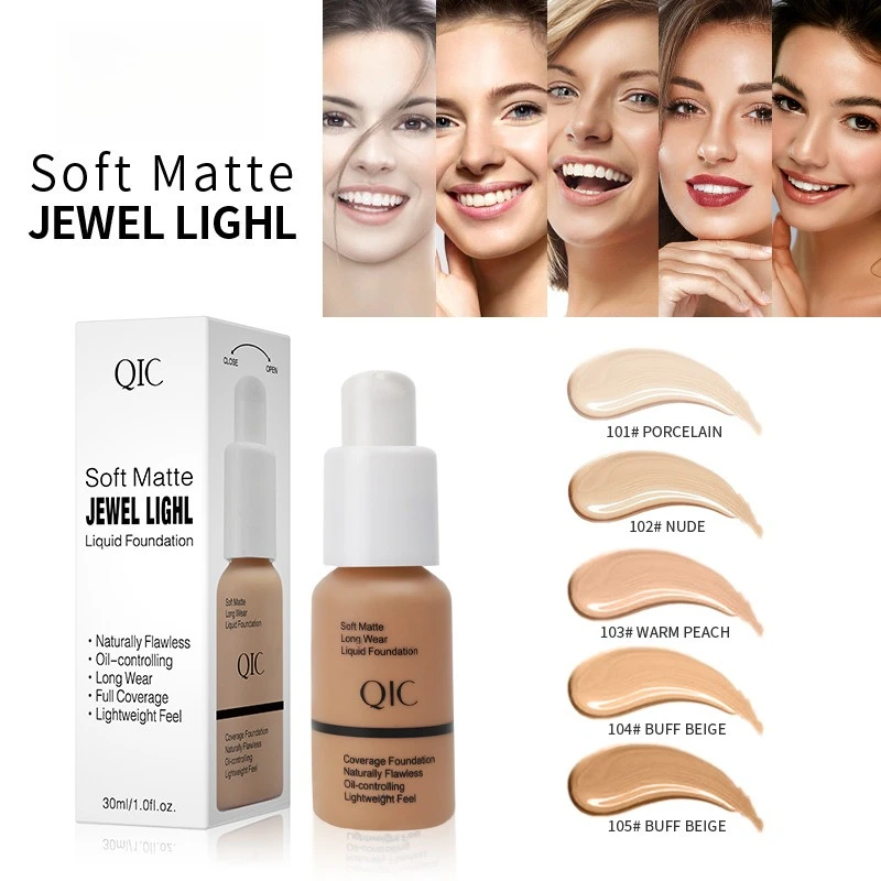 30g Liquid Foundation คอนซีลเลอร์ Natural Matte Oil Control ยาวนานกันน้ํา Oil-Control Face ธรรมชาติ 5 สี