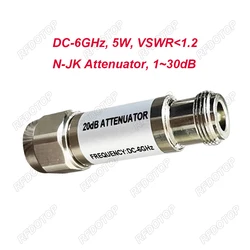 DC-6GHz N 타입 RF 동축 감쇠기, 수-N 암 커넥터, VSWR ≤ 1.2 50 옴, 3, 5, 6, 10, 15, 20, 30dB, 5W