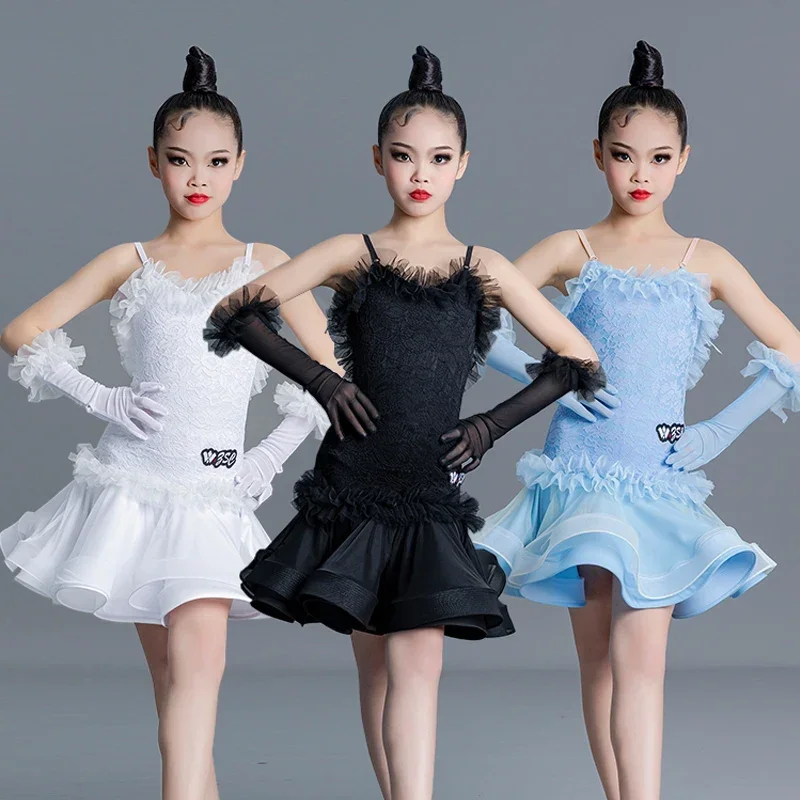 

Blue White Black Latin Dance Dress Girls Performance Latin Dance Costume Kids Rumba Samba Chacha Ballroom Dancing Wear