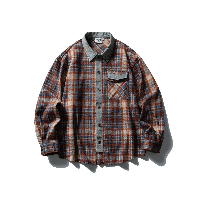 

Japanese Korean Streetwear Retro Plaid Denim Patchwork Cargo Shirts for Men Fashion Autumn Long Sleeved Casual Loose Shirt Coat