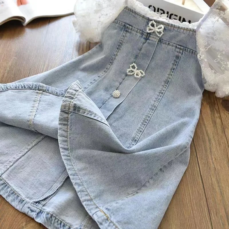 Girl's Temperament Pearl Bubble Wrap Sleeve Patchwork Soft Denim A-line Skirt Children's Western-style Dress Summer New Style