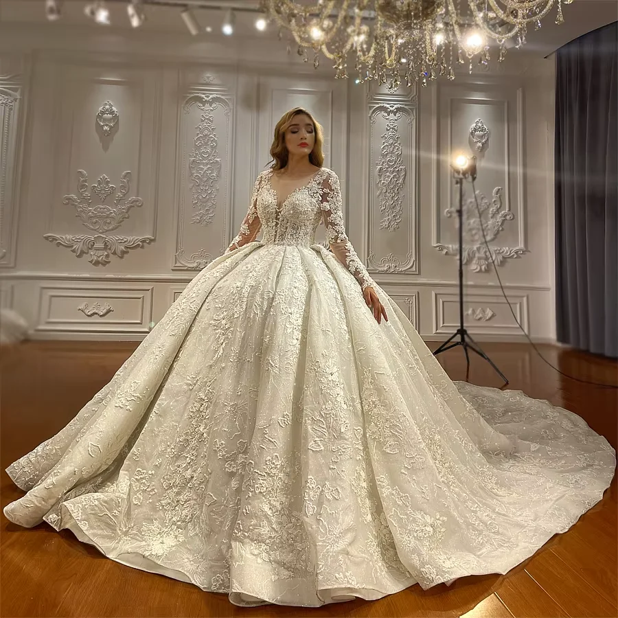Customized Luxury Lace Ball Gown Wedding Dress Long Sleeves Deep V Neck Royal Princess Bridal Gown Amanda Novias Official