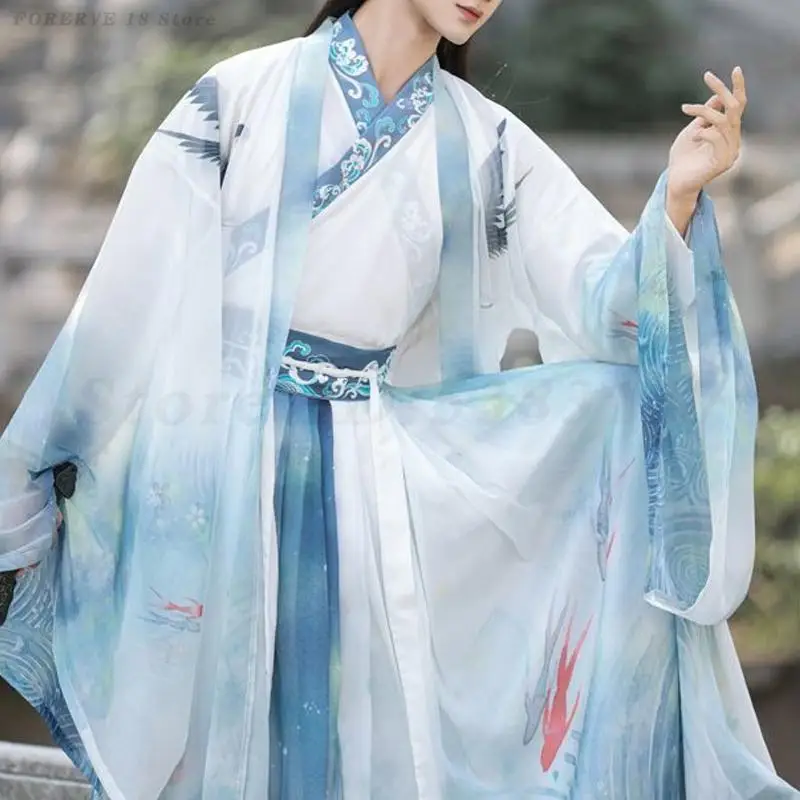 Ancient Hanfu Sets Men Chinese Traditional Cosplay Costume Male Stage Performance Wuxia Clothing Blue White Plus Size 3XL Dress view 6