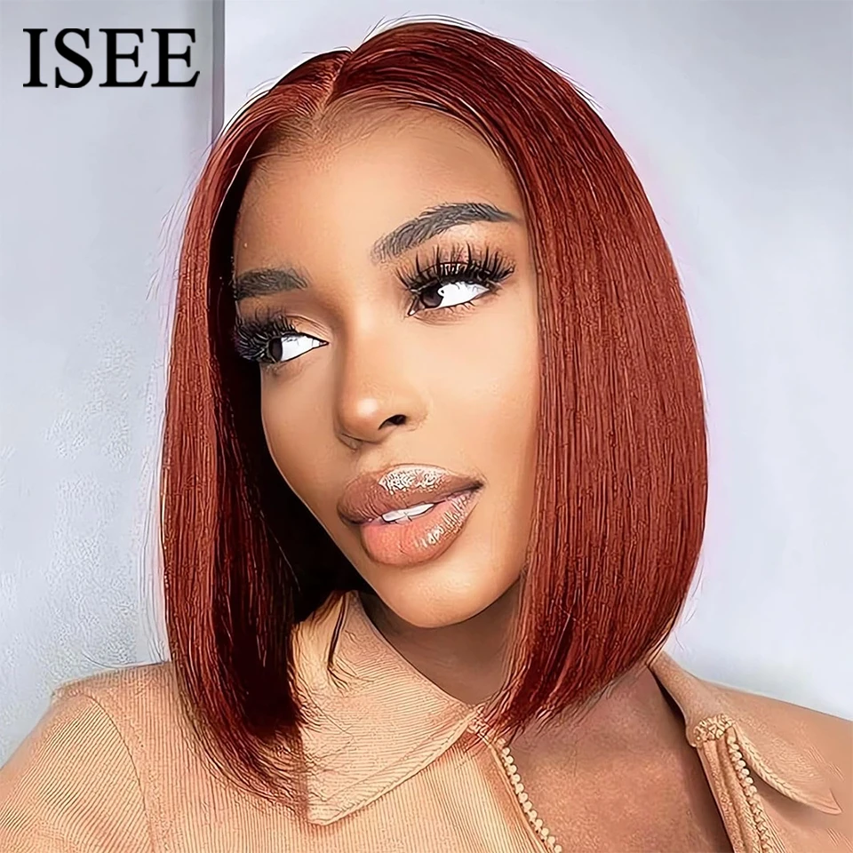 

ISEE Hair Glueless Straight Wig Wear And Go Reddish Brown 6x4 HD Transparent Bob Wigs #33 Lace Front Human Hair Wigs PrePlucked