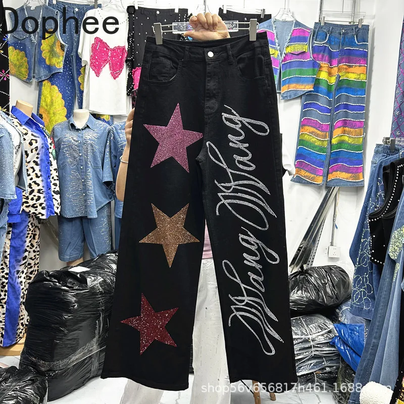 

Streetwear Five-pointed Star Hot Drilling Wide Leg Pants New Autumn All-match High Waist Straight Jeans Casual Denim Trousers