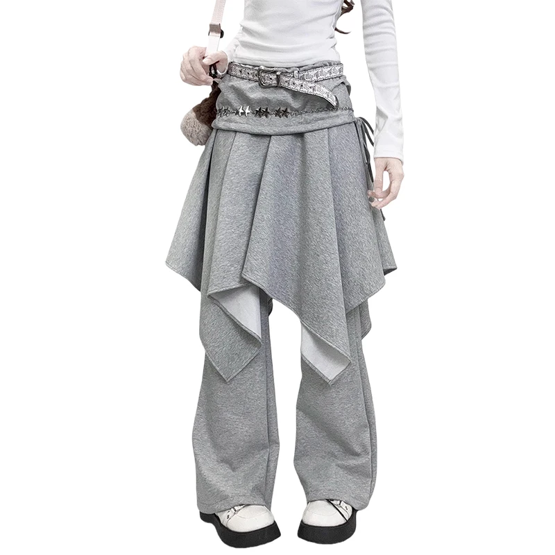 REDDACHiC Pantalon de survêtement double couche gris grunge, coupe large, taille élastique, avec nœud, fluide, à volants, style lounge, streetwear pour femme