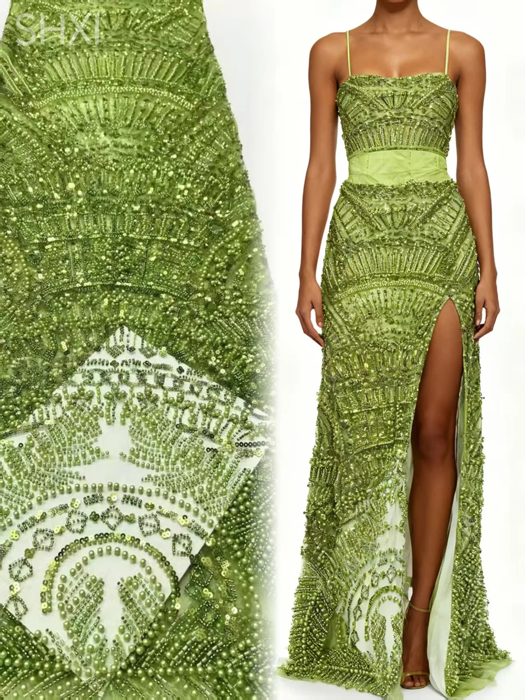 

GREEN High Quality Fashion French Mesh Embroidery Sequins Beads Lace Fabric African Nigerian Lace Fabric For Wedding Dress Party