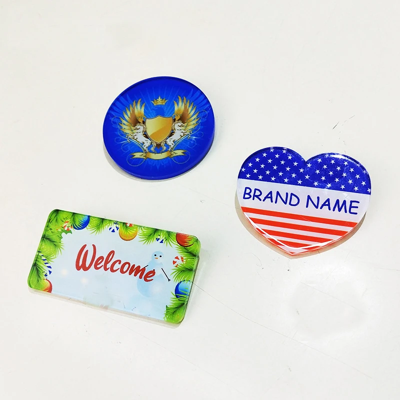 Free shipping 25pcs/lot Rectangle/Heart/Round/Wing Personalized Sublimation Acrylic ID Name Badges Buttons For Business Office