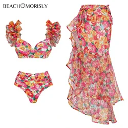 Bikini imprimé floral pour femme, maillot de bain et jupe, ensemble 2 pièces, vêtements de plage, 2024