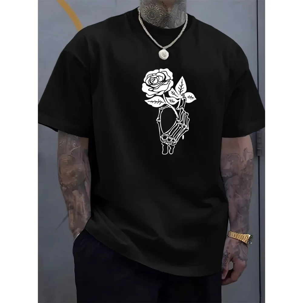 

2025 Men's Summer 100% Cotton Fashionable Casual Loose Large Size Letter Flower Printed Round Neck Short Sleeve T-shirt Top