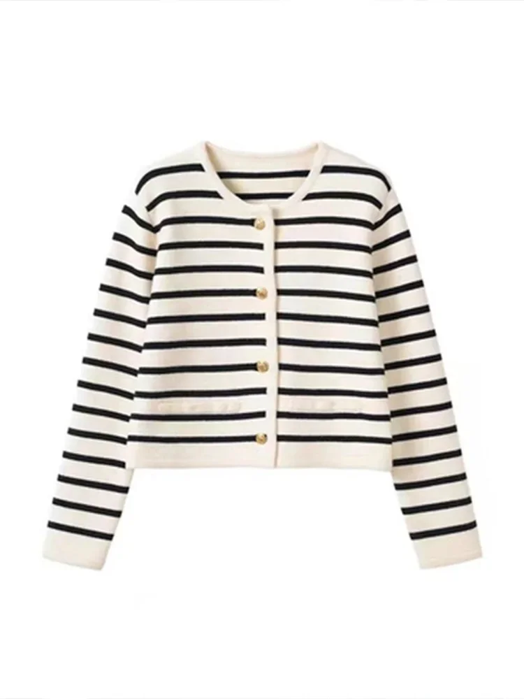 Women Spring Autumn Sweaters O-neck Stripe Knitted Cardigan Fashion Long Sleeve Casual Short Tops Korean Style New