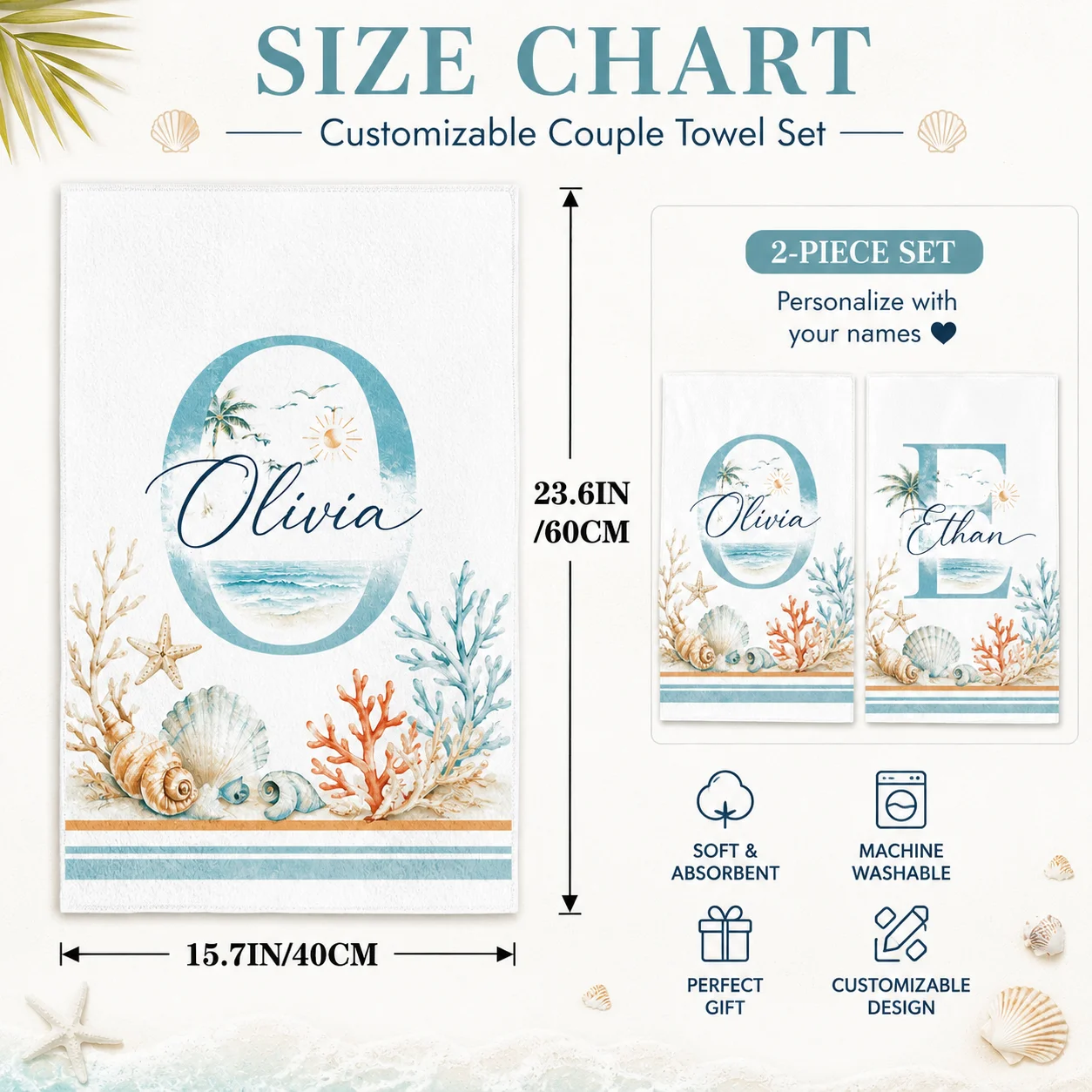 Personalized Bath Towels Set, Custom Couple Towels 2pcs with Name Initial Design Soft Cotton Shower Towel for Wedding Gift Lover